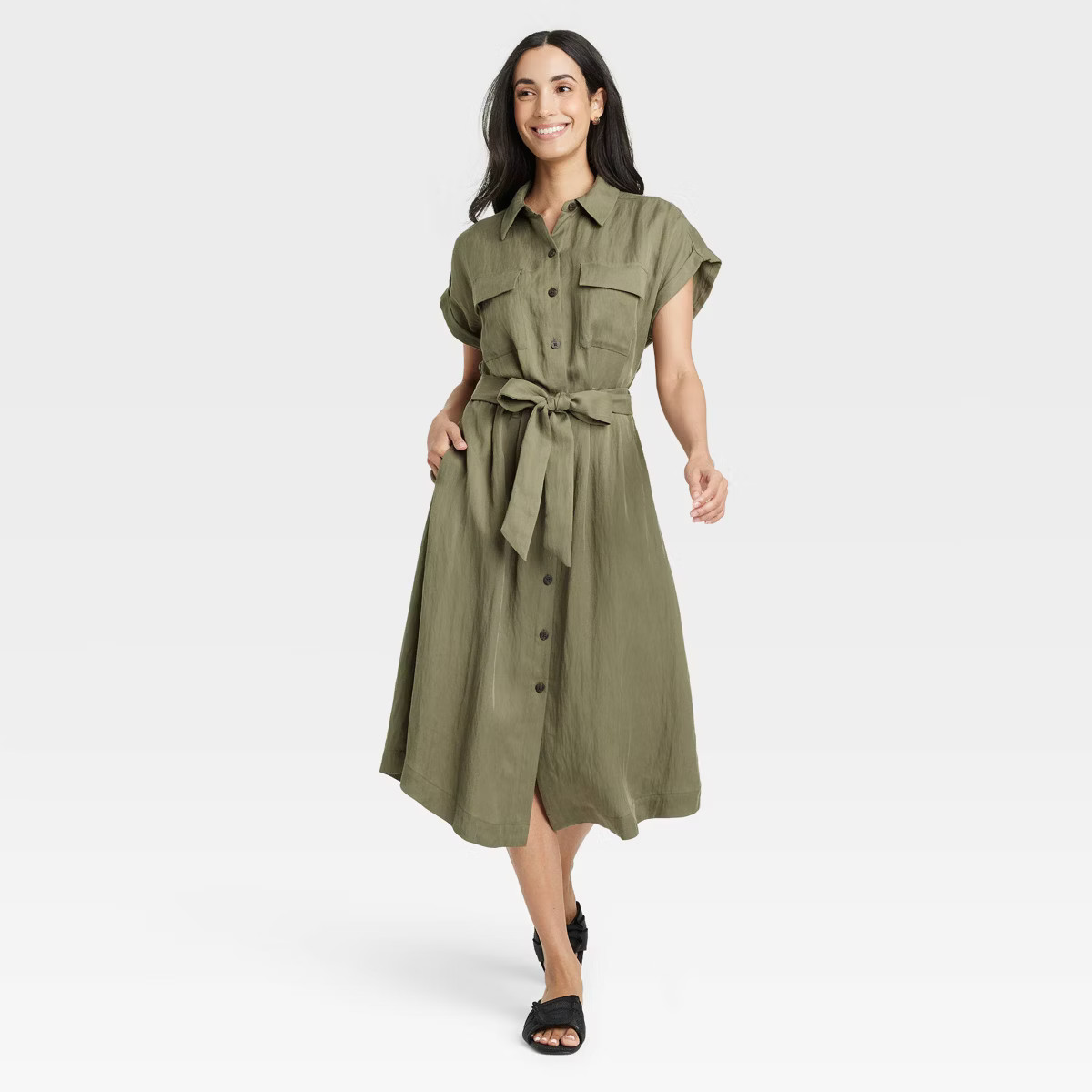 Women's Short Sleeve Midi Utility Shirtdress - A New Day™ Dark Green S | Target