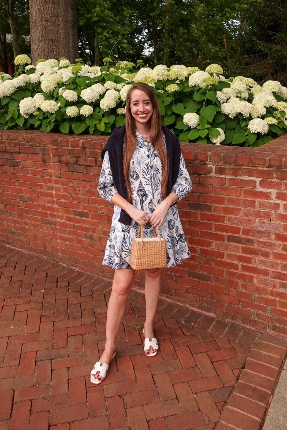 Summer outfit! My linen seashell dress is soooo comfy and true to size, I’m in the small. Linking it in a couple of other colors! 
.
Preppy style white sandals raffia bag navy blue sweater 

#LTKFindsUnder50 #LTKStyleTip #LTKSeasonal