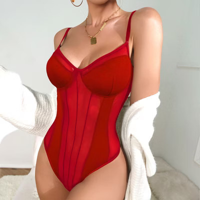 Women's Sexy Floral Sheer Corset Bodysuit Spaghetti Strap Cami Tops, Burgundy, M | Target