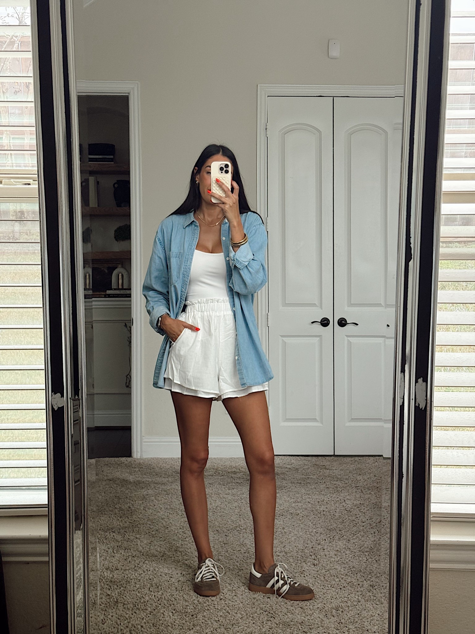 Medium denim
Small tank
Xs shorts from a set 

#LTKdayinmylife #LTKgrwm