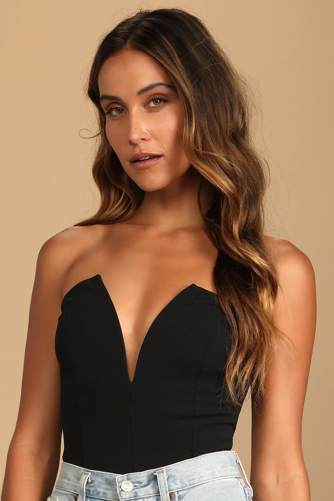 Babe Alert Black Notched Strapless Bodysuit | Lulus (US)