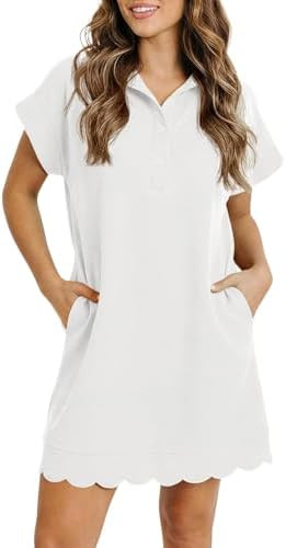 Fisoew Womens Summer T Shirt Mini Dress Short Sleeve Collared V Neck Button Loose Active Dresses ... | Amazon (US)