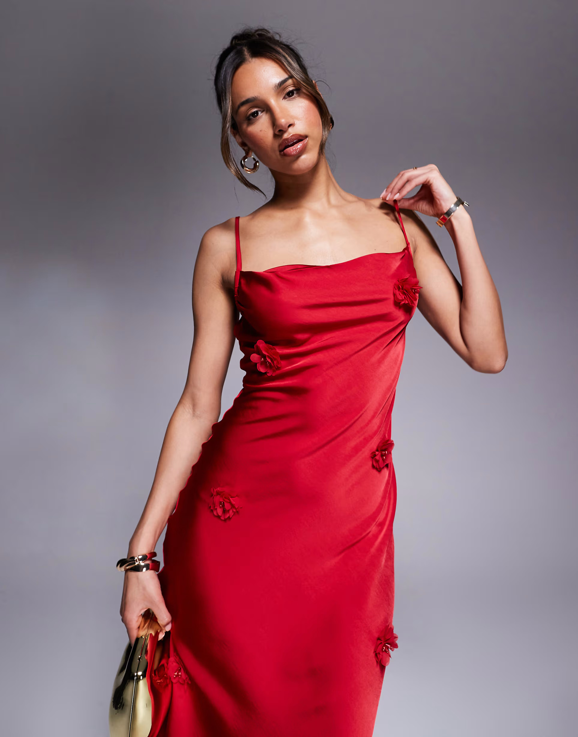 New Look corsage detail satin slip midi dress in red | ASOS (Global)