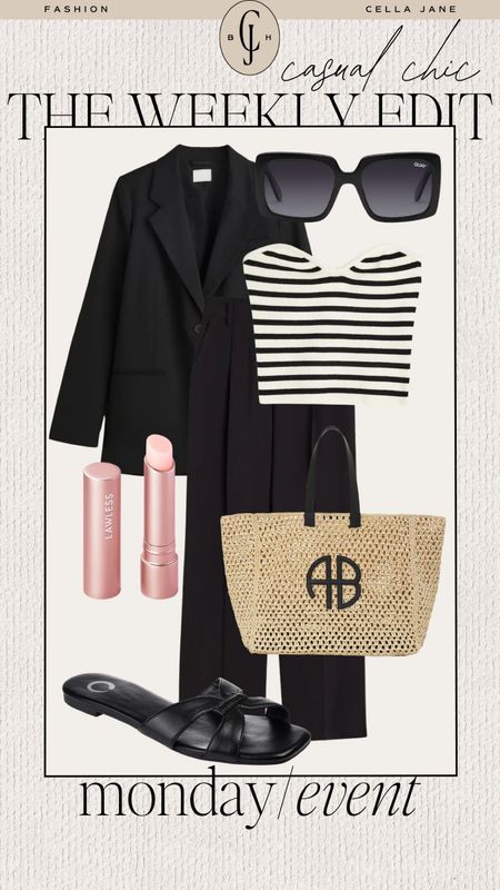 The Cella Jane weekly style edit. Casual chic. Monday work event. Blazer, pants, stripe top, sandals, tote. #styleinspiration #casualstyle

#LTKstyletip #LTKSeasonal