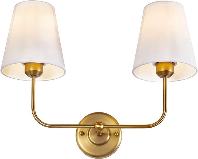 TERLEENART Double Light Wall Sconce with White Fabric Tapered Shades, 2-Light Antique Brass Sconc... | Amazon (US)