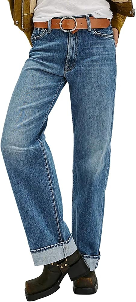 High Waisted Straight Leg Jeans for Women Trendy Cuffed Hem Stretchy Boyfriend Denim Pants | Amazon (US)