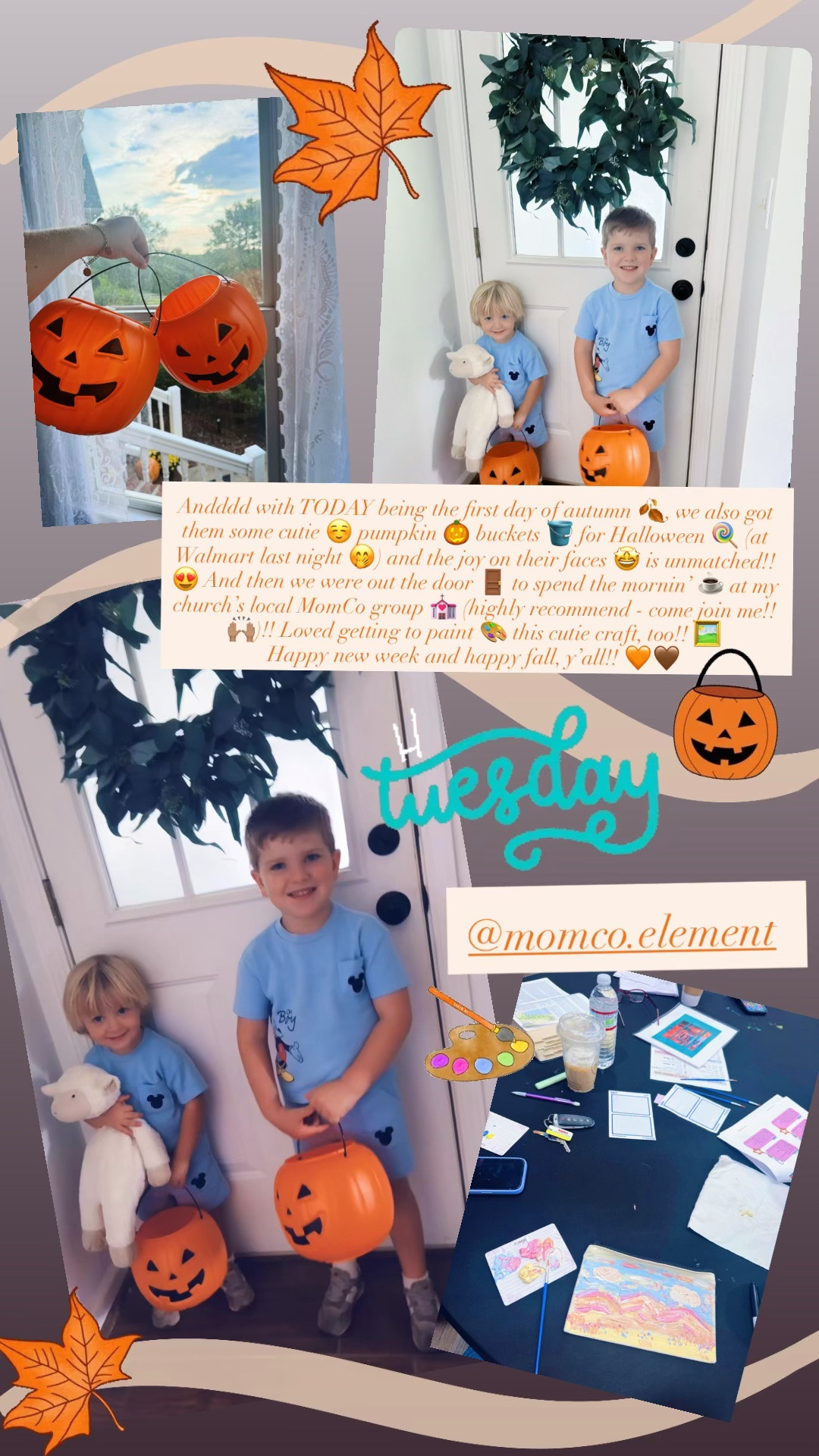 Andddd with TODAY being the first day of autumn 🍂, we also got them some cutie ☺️ pumpkin 🎃 buckets 🪣 for Halloween 🍭 (at Walmart last night 🤭) and the joy on their faces 🤩 is unmatched!! 😍 And then out the door 🚪 to spend the mornin’ ☕️ at my church’s local MomCo group 💒 (highly recommend - come join me!! 🙌🏽)!! Loved getting to paint 🎨 this cutie craft, too!! 🖼️ Happy new week and happy fall, y’all!! 🧡🤎