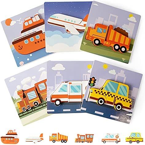 KIPPTO Wooden Toddler Puzzles- Pack of 6 Vehicles Puzzles- Taxi, Train, Airplane, Truck, Ship and... | Amazon (US)