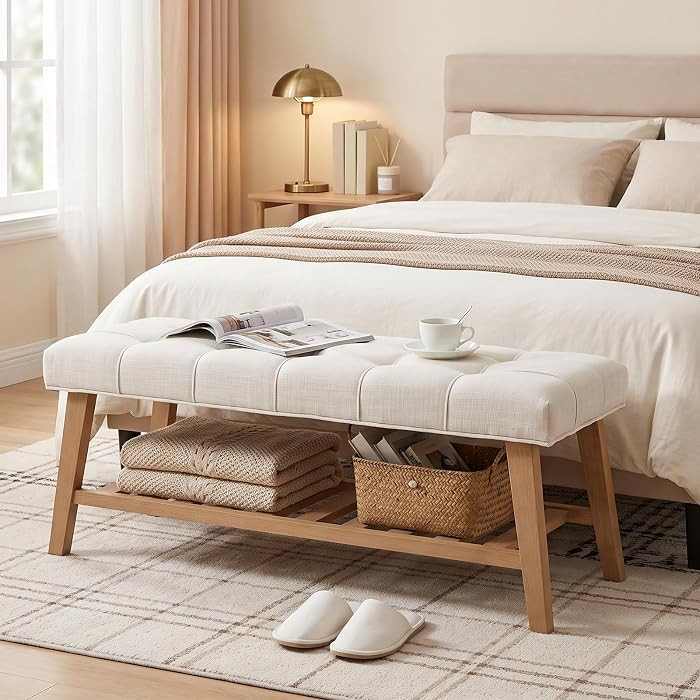 Wooden Entryway Bench for End of Bed Bench with Shoe Shelf Farmhouse Button Tufted Linen Fabric U... | Amazon (US)