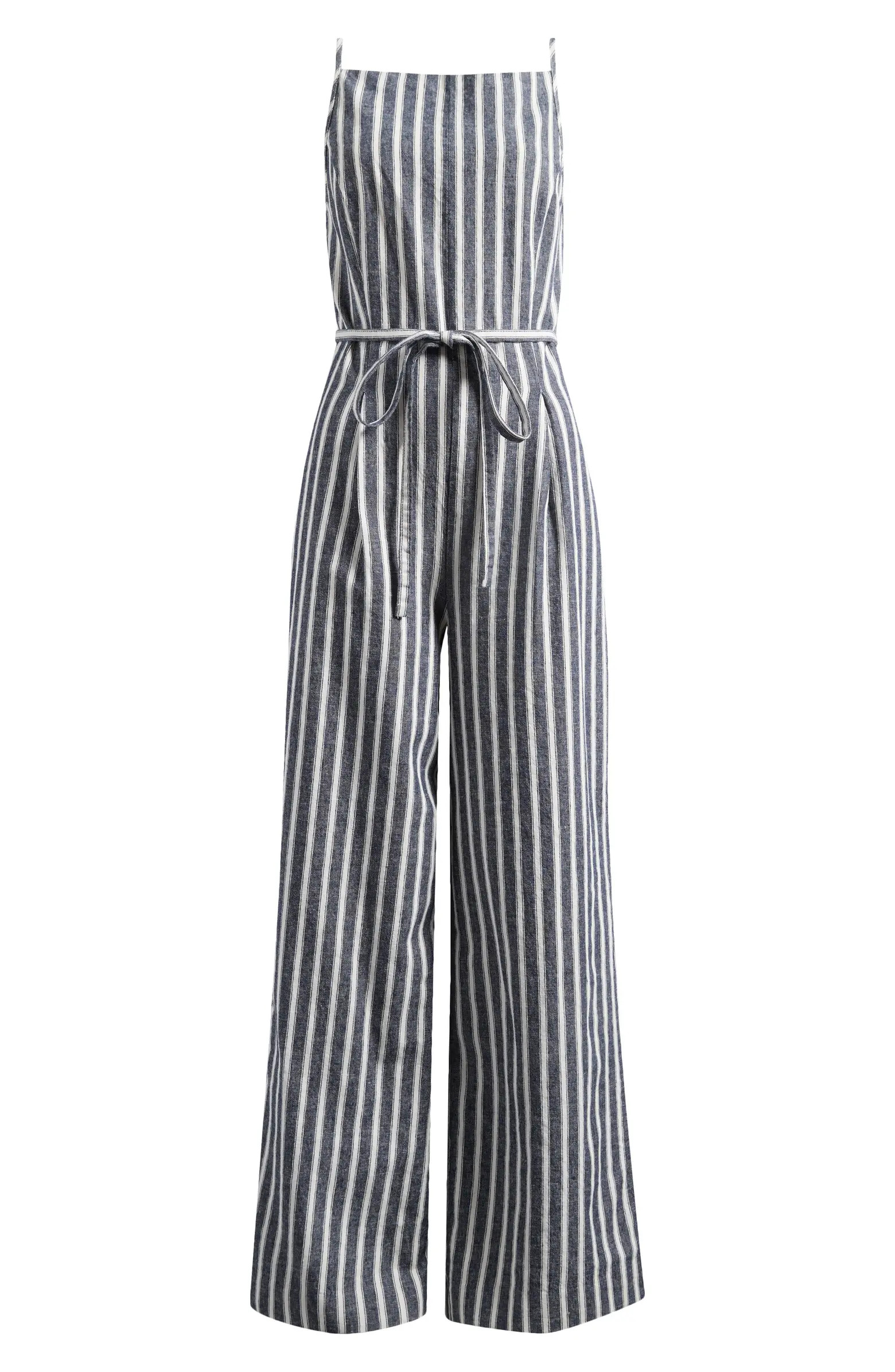 Pinstripe Pleated Linen & Cotton Wide Leg Jumpsuit | Nordstrom
