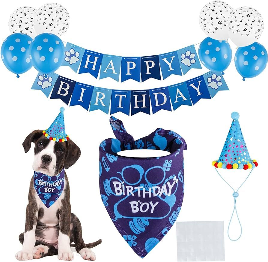 TCBOYING Dog Birthday Bandana, Dog Birthday Boy Hat Scarfs Flag Balloon with Cute Doggie Birthday... | Amazon (US)
