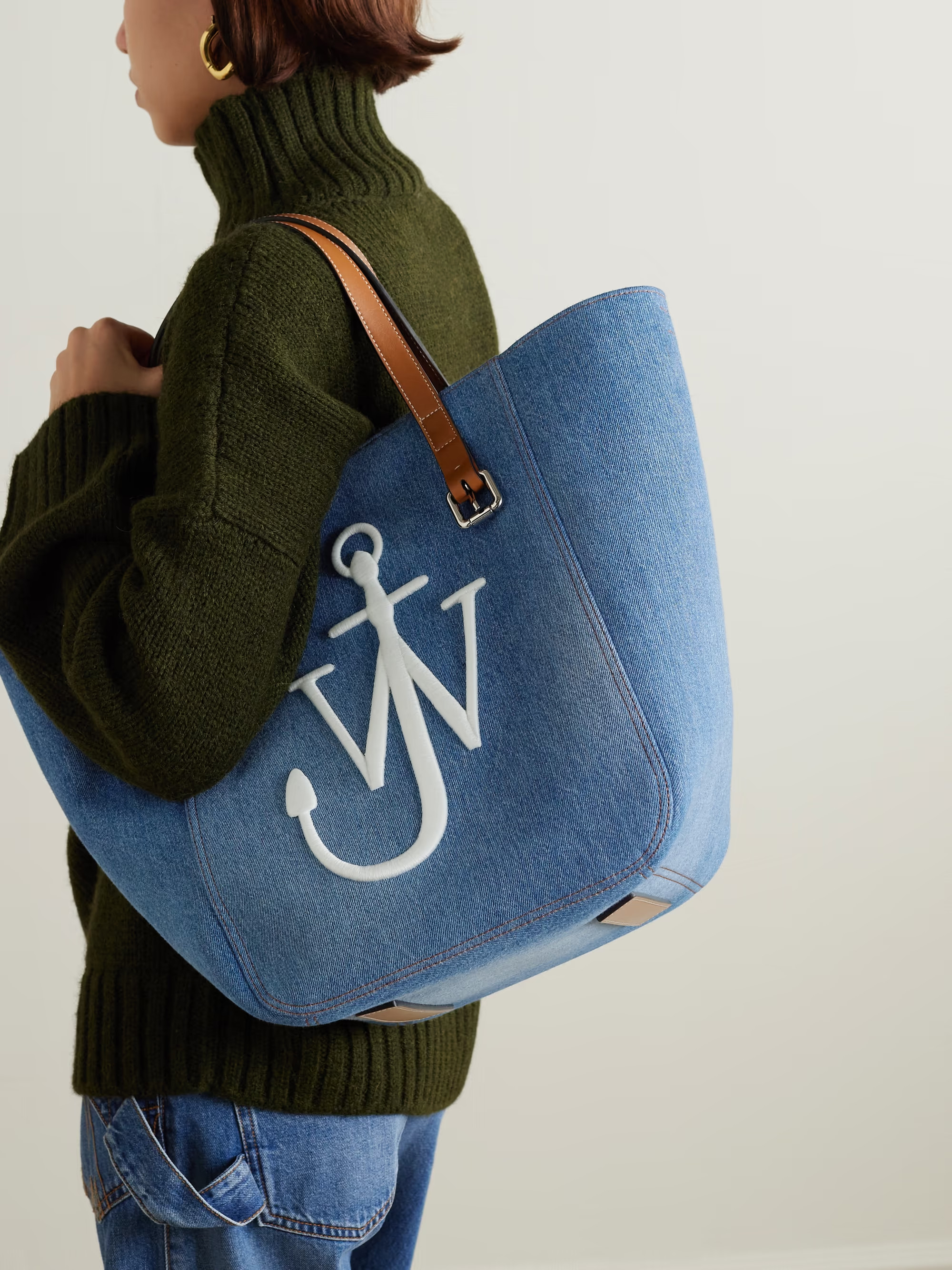 Cabas leather-trimmed embroidered denim tote | NET-A-PORTER (US)