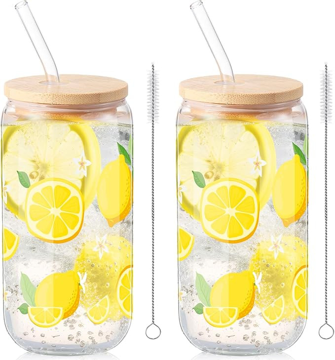 Sliner 2 Pcs Lemon Glass Cups Summer Drinking Tumbler 16 oz Iced Coffee Cup with Lid Straw Cleani... | Amazon (US)