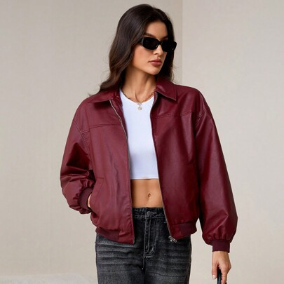 Women's Retro Red Leather Jacket Suitable For Autumn And Winter | SHEIN
