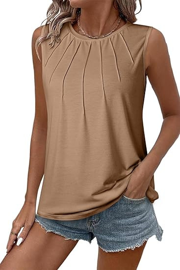BLENCOT Women 2025 Fashion Casual Sleeveless Tank Tops Summer Crewneck Ruched Pleat Flowy Tee Top... | Amazon (US)