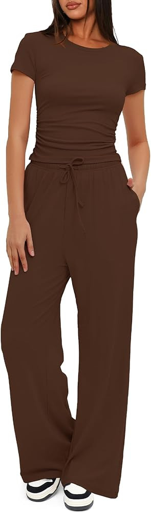Darong Women's 2 Piece Outfits Lounge Sets Ruched Short Sleeve Tops High Waisted Wide Leg Pants T... | Amazon (US)