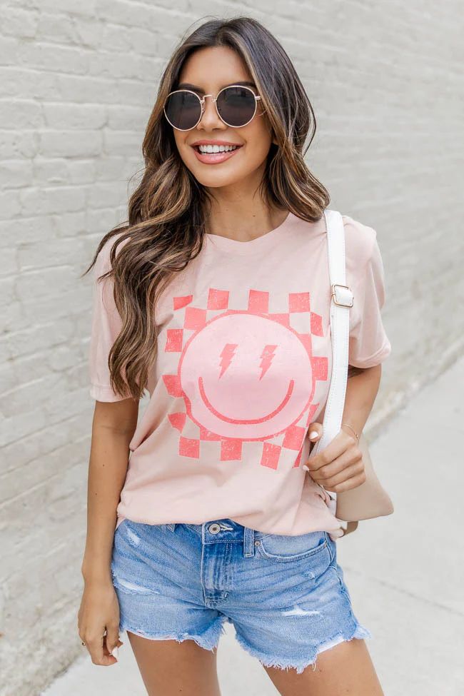 Lightning Bolt Checkered Smiley Peach Graphic Tee | Pink Lily