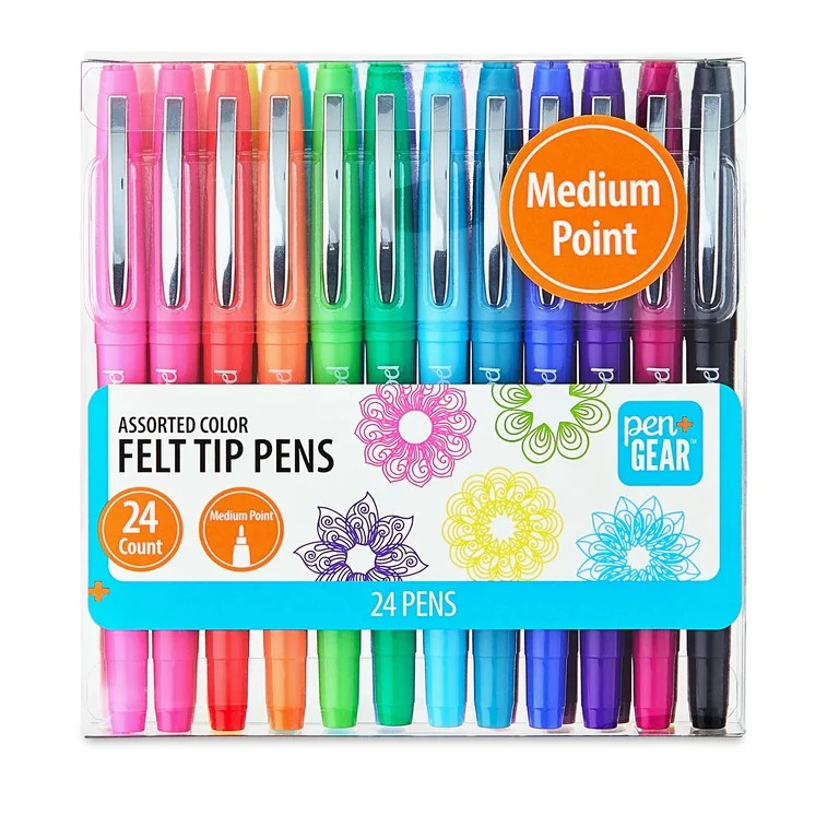 Pen+Gear Felt-Tip Pens, Medium Point, Assorted Colors, 24 Count | Walmart (US)