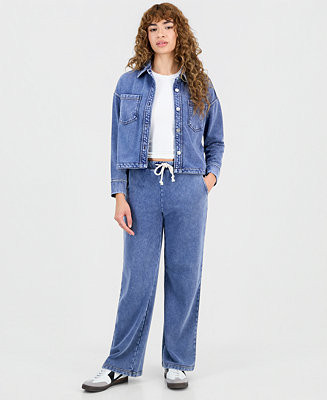 Petite Faux-Denim French Terry Wide-Leg Pants, Macy's Exclusive | Macy's