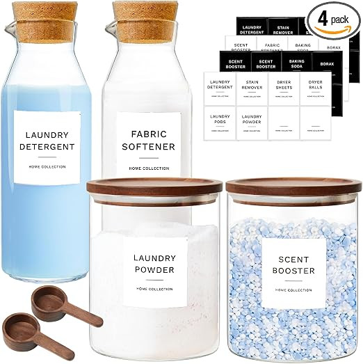 Glass Laundry Storage Containers Set, 4 Pack Liquid Detergent Dispenser with Cork Lid & Laundry R... | Amazon (US)