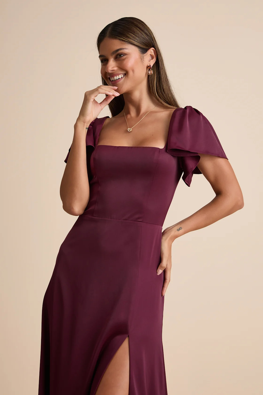 Ultimate Sweetness Plum Satin Flutter Sleeve Maxi Dress | Lulus