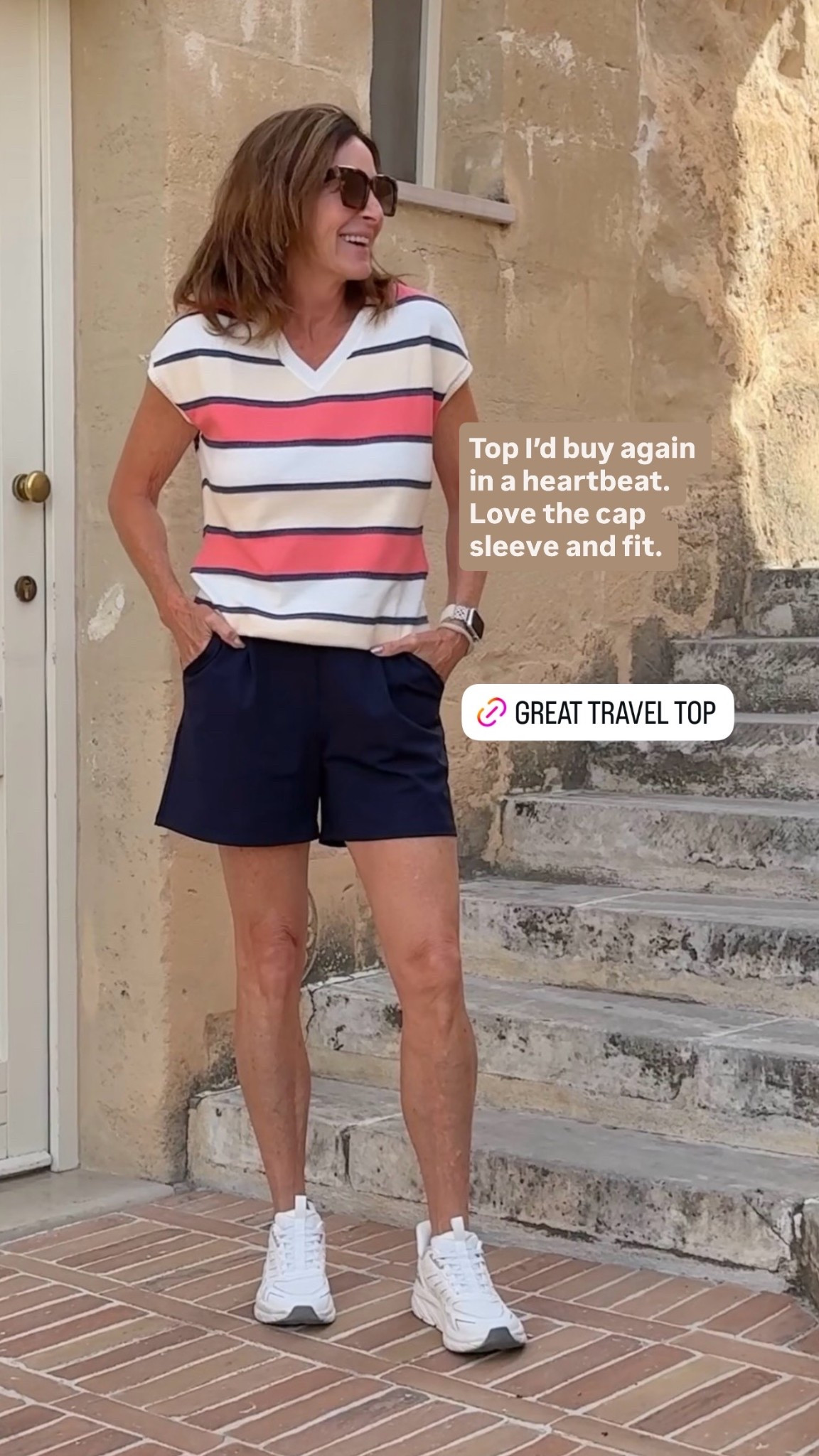 Short sleeve sweater top I’d buy again in a heartbeat. Love the cap sleeve and fit and pairs so well with trouser shorts. 

Bonus: Lightweight enough for the summer heat of Italy. 

#sweatertop #shortsoutfit #summerstyle

#LTKTravel