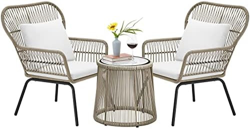 Yaheetech 3 Pieces Patio Bistro Set, Outdoor Furniture Set PE Rattan Wide Chairs and Glass Top Si... | Amazon (US)