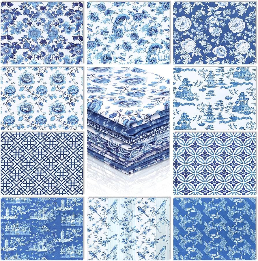 Hahafelt 10 Pcs Chinoiserie Fabric Bundles 18 x 22 Inch Floral Fabric Blue and White Porcelain Qu... | Amazon (US)
