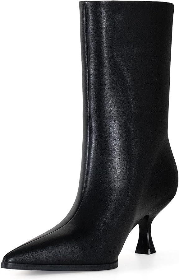 Womens Kitten Heel Boots, Pointed Toe Stiletto Faux Leather Mid Calf Ankle Booties for Women, Ele... | Amazon (US)
