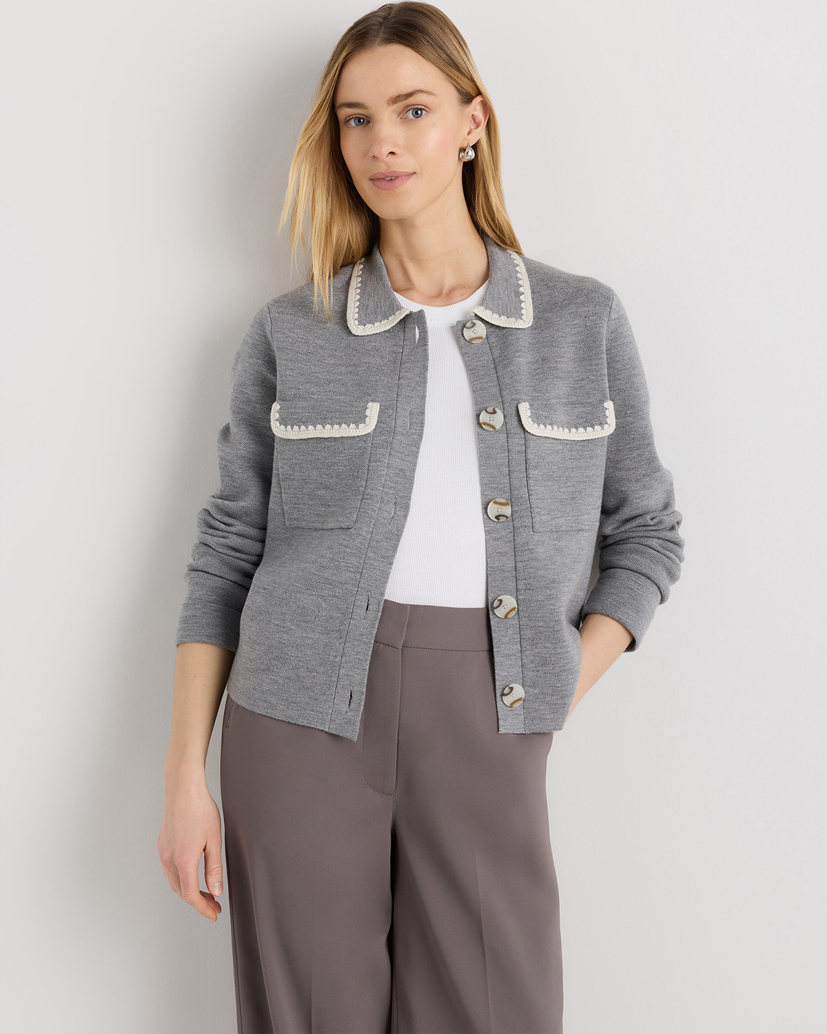 Quince | Women's Australian Merino Wool Crochet Trim Sweater Jacket in Heather Grey, Size Large | Quince