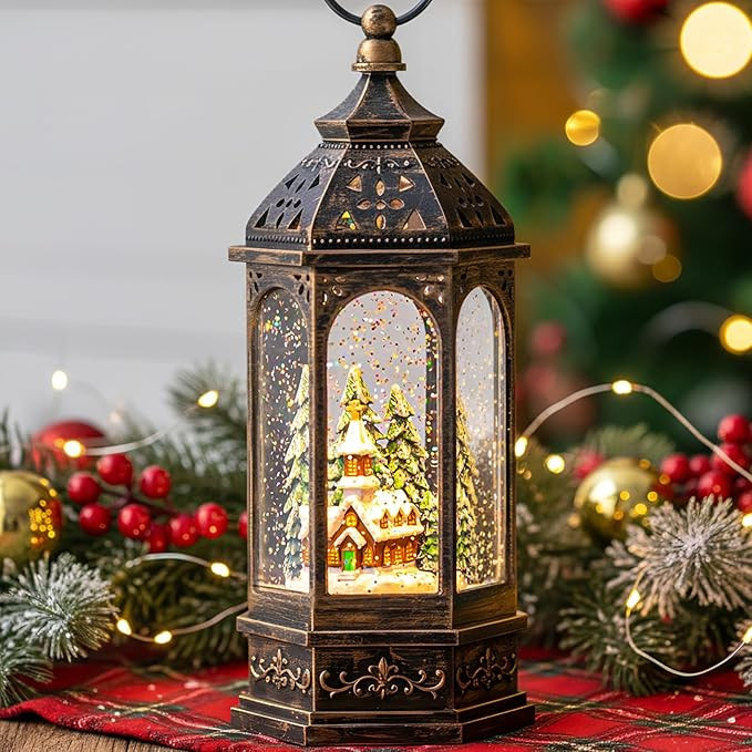 Christmas Snow Globe Lantern Lighted Holiday Village Church with Music& Timer, USB Lined/Battery ... | Amazon (US)