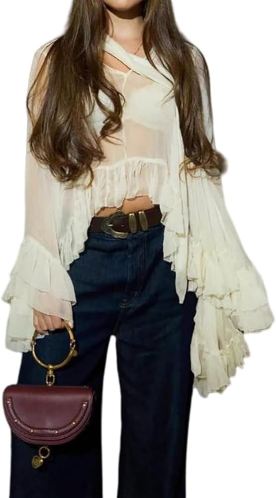 NIFTRIRY Women Long Sleeve Elegant Sheer Blouse Halter Neck Ruffled Shirt Fashion Casual Tops for... | Amazon (US)