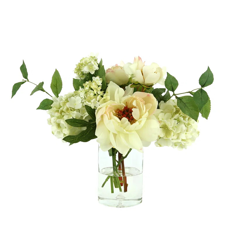 Peony and Hydrangea Mixed Floral Arrangement in Vase | Wayfair North America