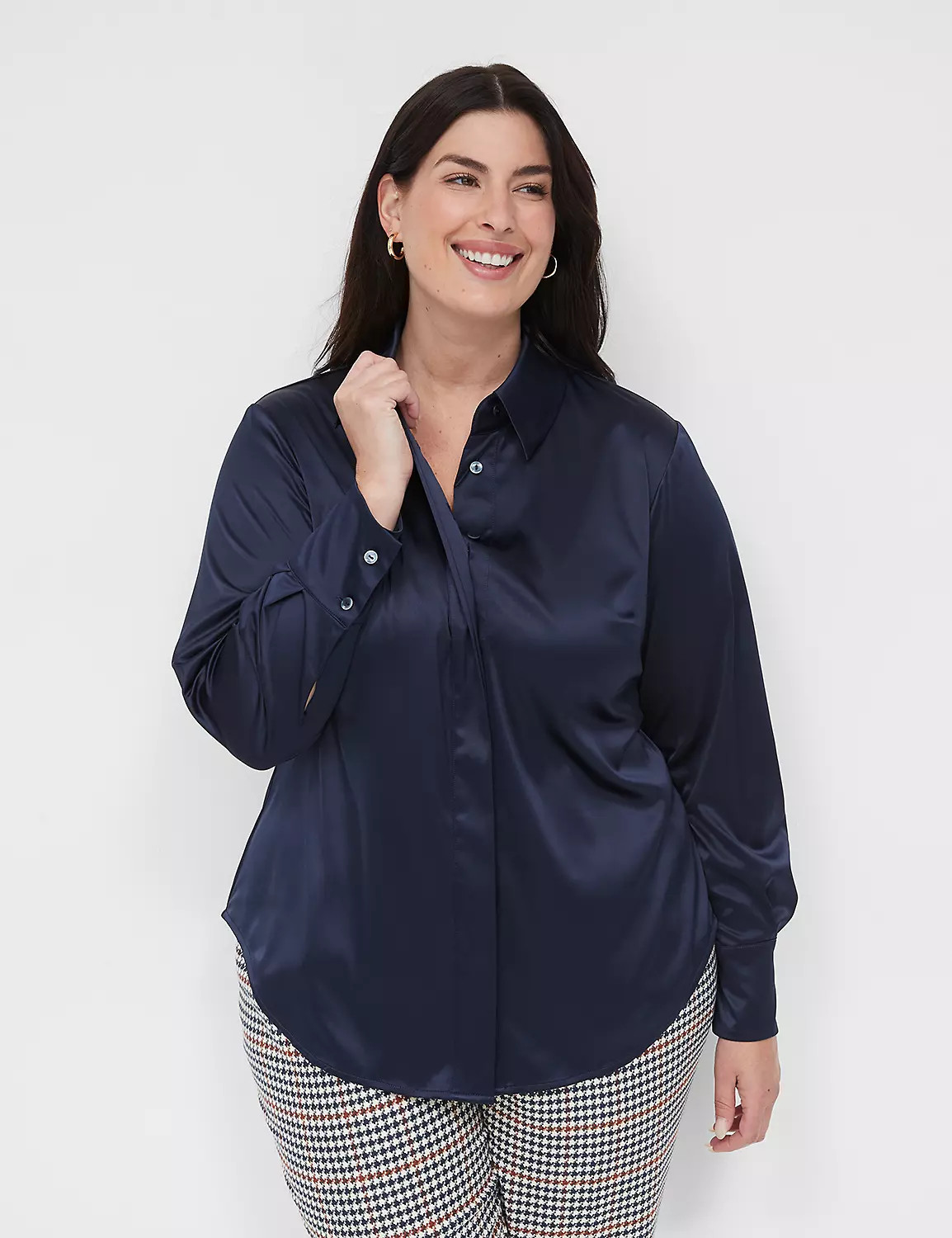 Long-Sleeve Button-Down Satin Shirt | LaneBryant | Lane Bryant (US)