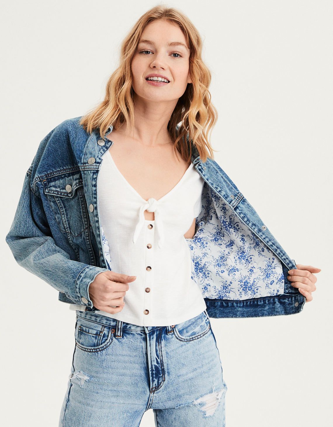 AE Print Lined Boyfriend Denim Jacket | American Eagle Outfitters (US & CA)