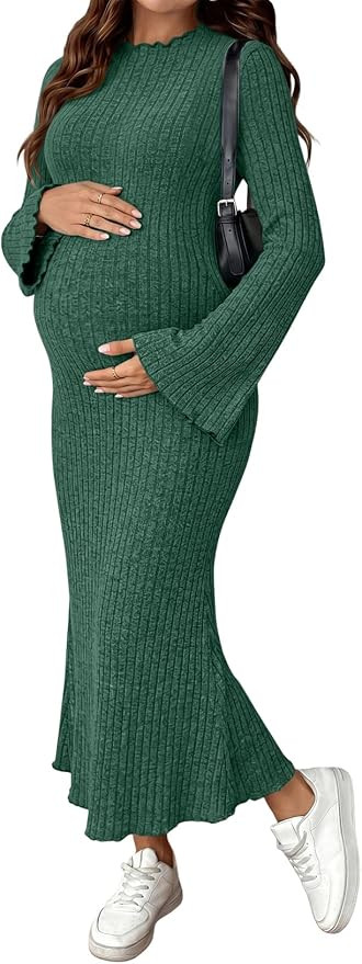 BLENCOT Maternity Dresses Bell Sleeve Pregnancy Bodycon Sweater Dress | Amazon (US)