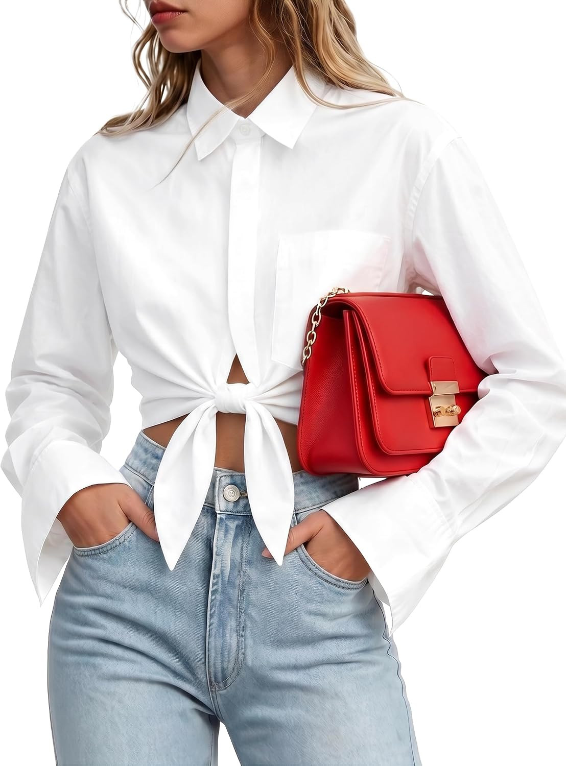 Remidoo Womens Tie Front Cropped Button Down Shirt Long Sleeve Blouse | Amazon (US)
