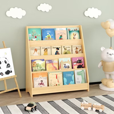 KTMBDW Bookshelf for Toddler 1-5 Years, Kids Wooden 4-Tier Front Facing Book Display Shelf for Bedroom, Playroom, Classroom, Natural | Target