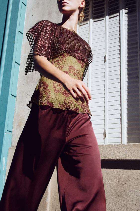 Zara - Printed Sequin Cape Top - Mustard - L - Woman | Zara US