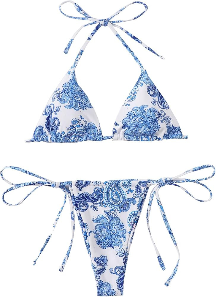 Floerns Women's 2 Piece Printed Halter Tie Side Triangle Bikini Swimsuit | Amazon (US)