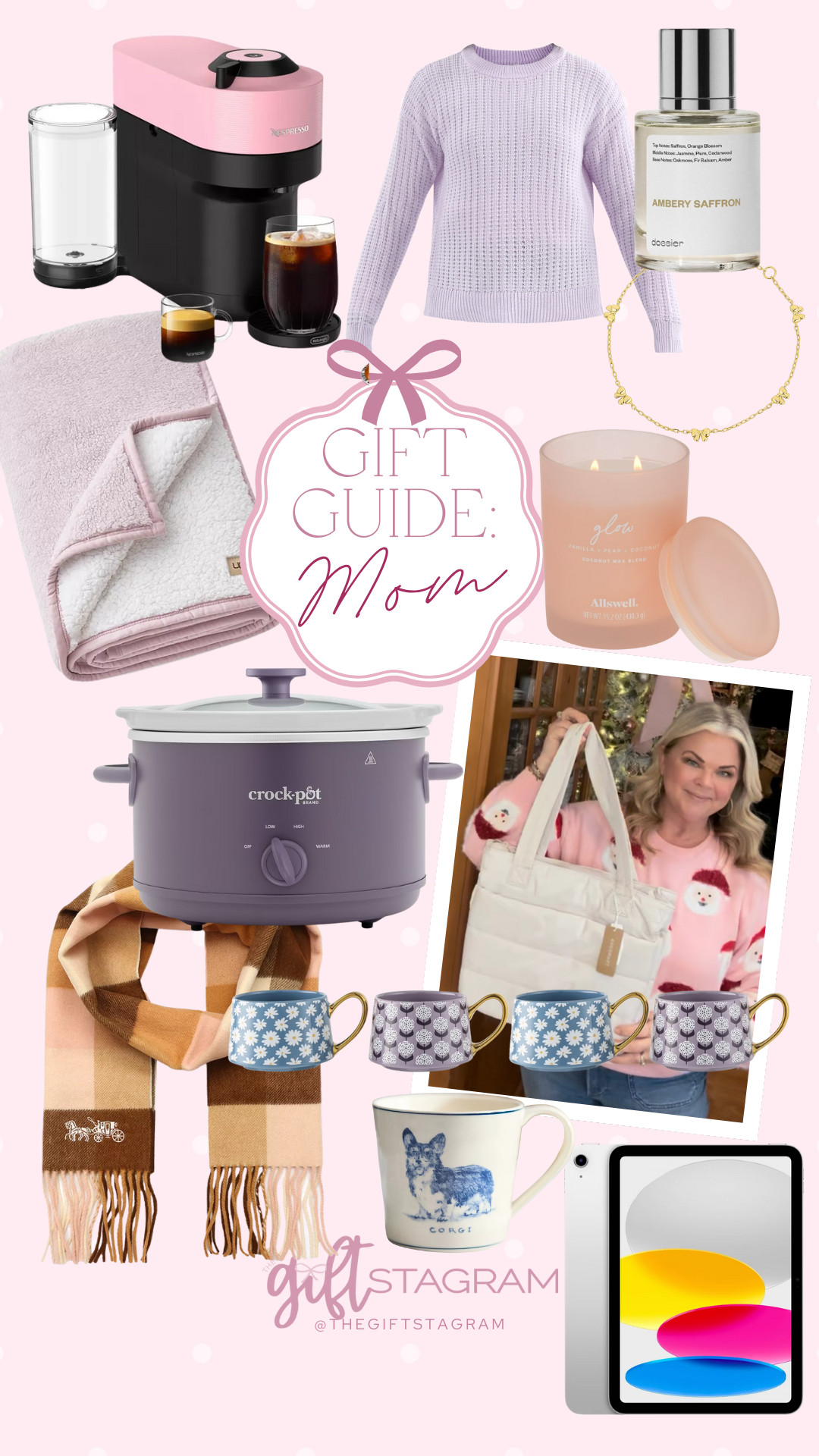 Gift guide for Mom: pink coffee maker, nice sweater, perfume, bow bracelet, pink comfy blanket, pink candle, purple Crock Pot, white tote bag, aesthetic mini mugs, designer scarf, simplistic pet mug, iPad 

 #LTKCyberWeek #LTKGiftGuide #LTKHoliday
