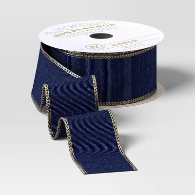 SponsoredShop all Wondershop30' Christmas Fabric Ribbon Navy Faux Linen Gold Glitter Edge - Wonde... | Target