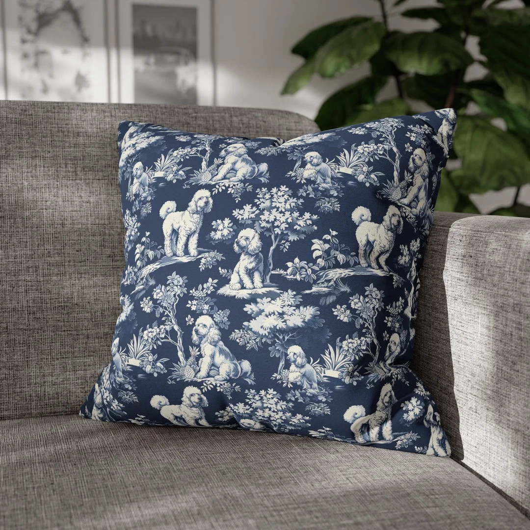 French Toile Navy Blue Poodle Dog Style Print Cottagecore / Countrycore / Farmcore Comfy Spun Pol... | Etsy (US)