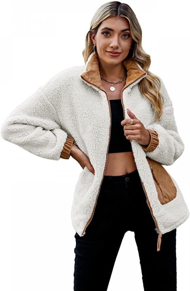 YYW Women Fleece Jacket Casual Fuzzy Faux Shearling Zipper Coats Loose Soft Fuzzy Short Teddy Jac... | Amazon (US)