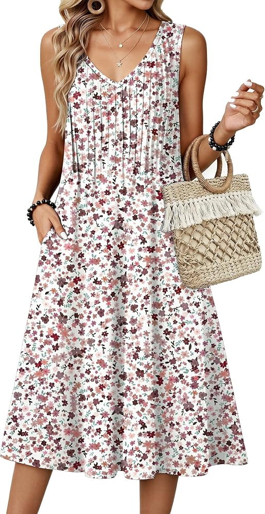 Zeagoo Women Summer Casual Dresses 2026 Sleeveless Midi Pleated Tank Sundress with Pockets V Neck... | Amazon (US)