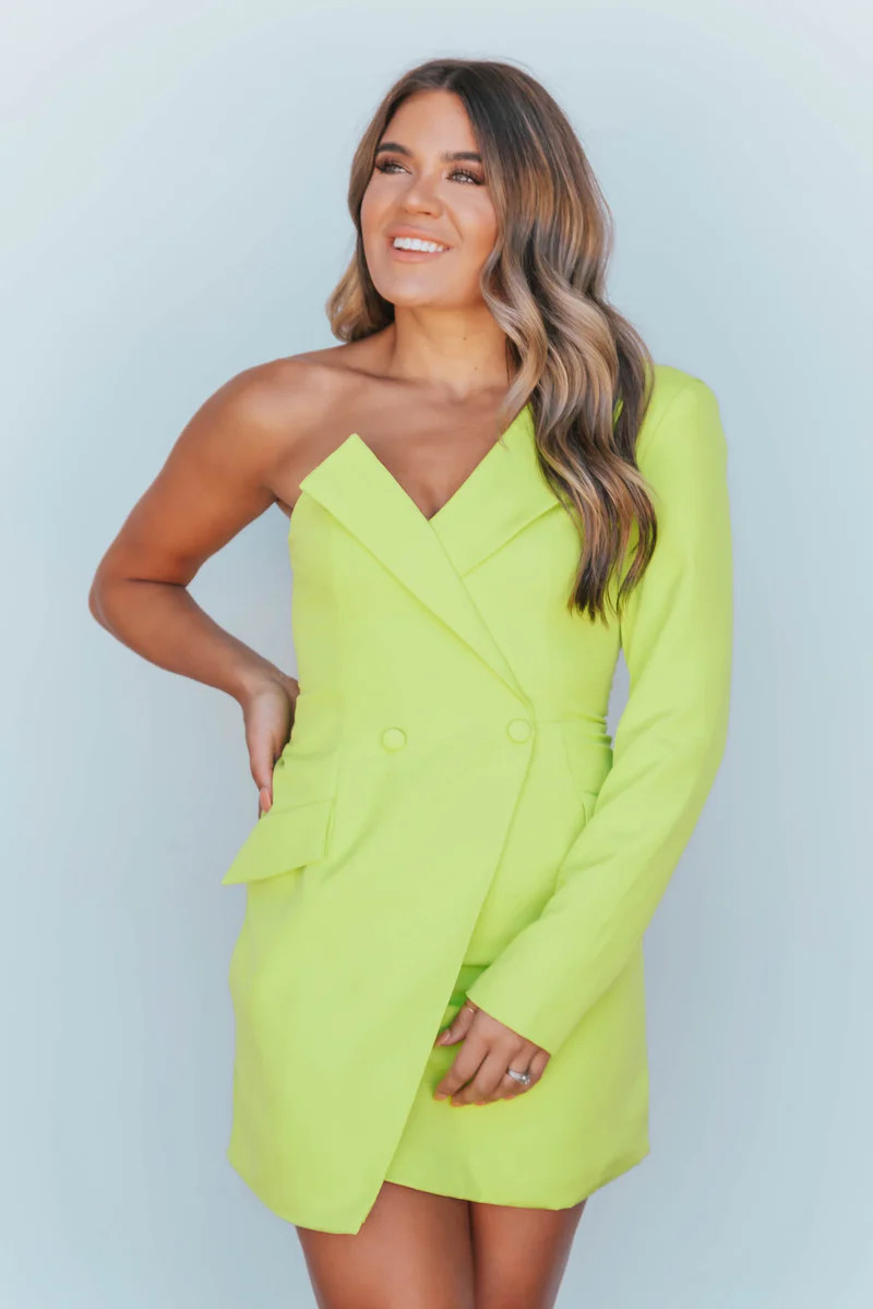 Under The Spotlight Key Lime One Shoulder Blazer Dress | Apricot Lane Boutique
