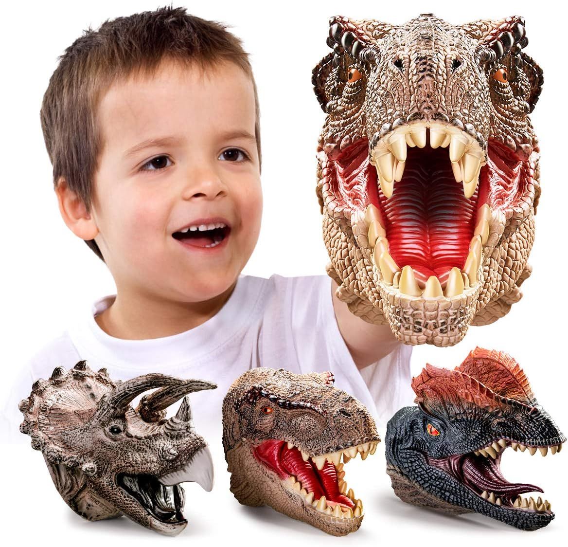 Geyiie Dinosaur Hand Puppets, Soft Rubber Dinosaur Toys Set, Realistic Tyrannosaurus, Dilophosaur... | Amazon (US)