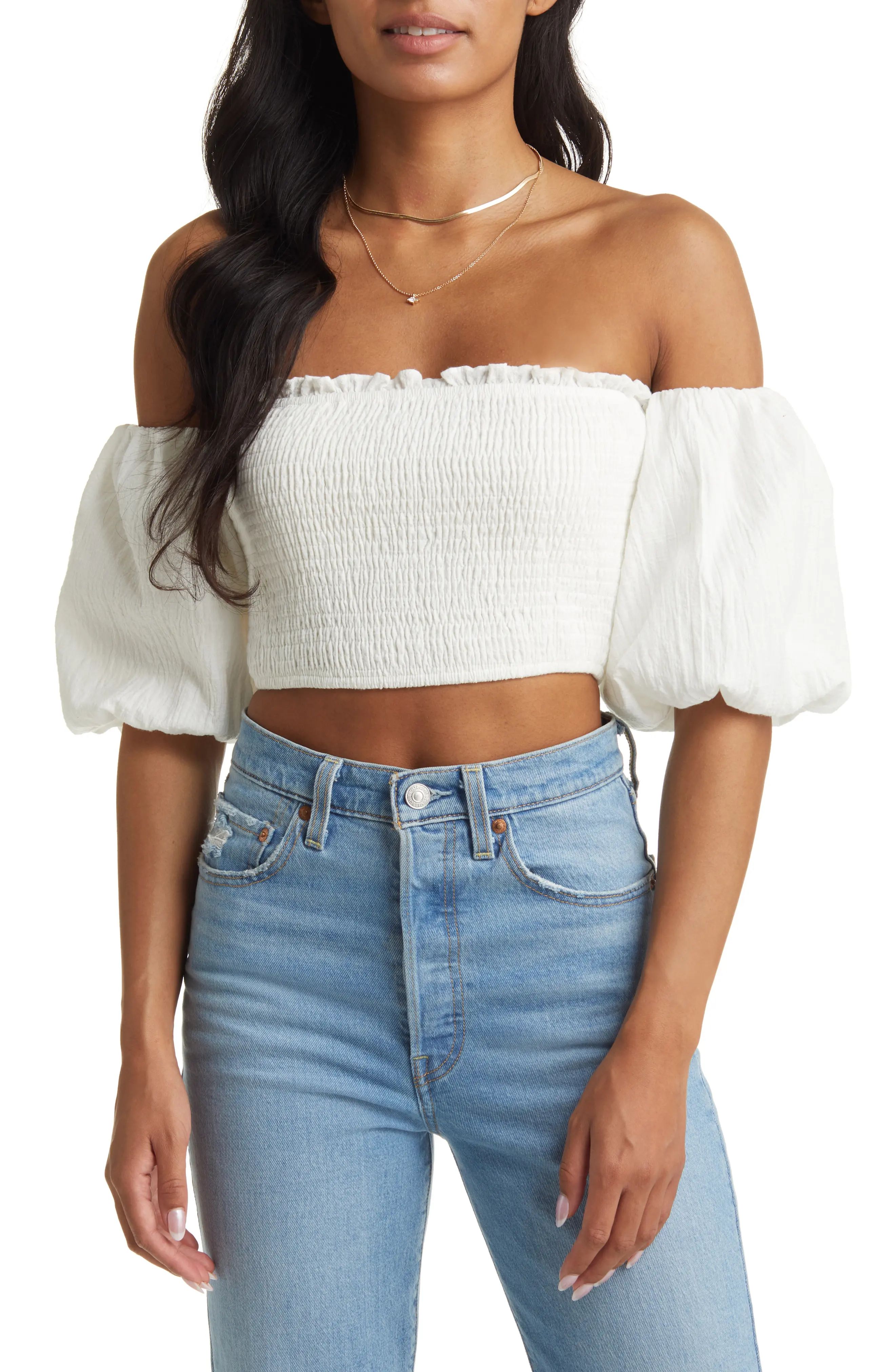 VICI Collection Puff Sleeve Smocked Crop Top in White at Nordstrom, Size X-Small | Nordstrom