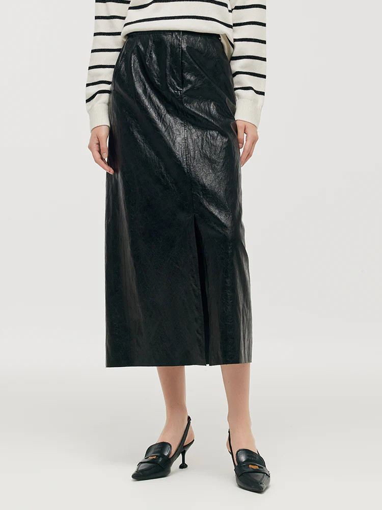 PU Leather Slit Women Column Skirt | GOELIA