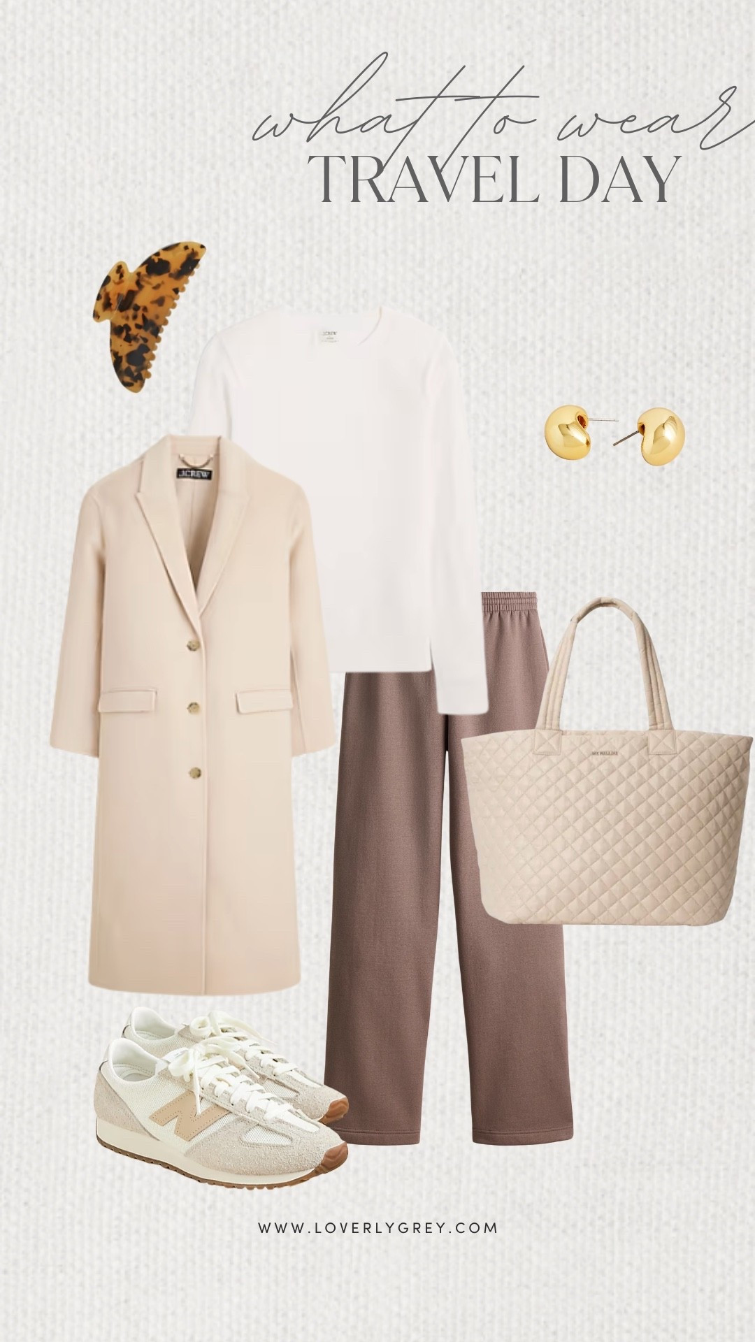 Loverly Grey, what to wear on a travel day! A long J.Crew coat paired with a white top and comfortable pants. Add a pair of new balance sneakers, gold earrings, and a tote bag to finish the look! Loverly Grey, what to wear, travel day

#LTKFindsUnder100 #LTKSeasonal #LTKgrwm